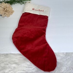 Pottery Barn Red Velvet Embroidered Christmas Stocking RACHEL Medium Size
